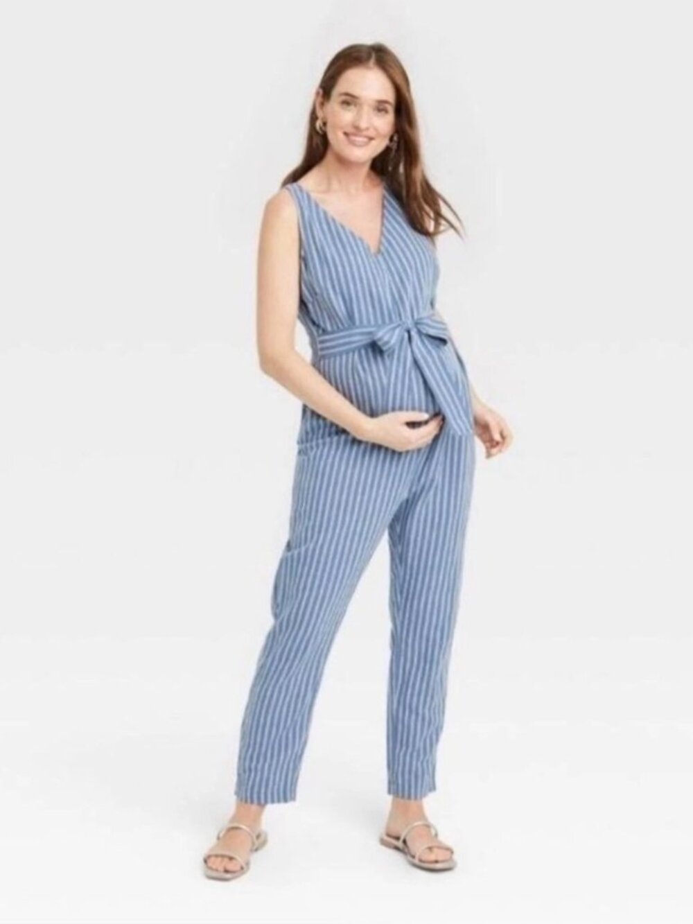The Nines By Hatch Linen Blend Blue Stripe Sleeveless Maternity Jumpsuit R28